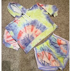 Nike Dri-FIT Tiedye Pullover Training Hoodie, Lined Shorts & Headband Set Size L
